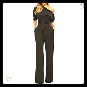 Wide Leg Slanted One Shoulder Belted Jumpsuit